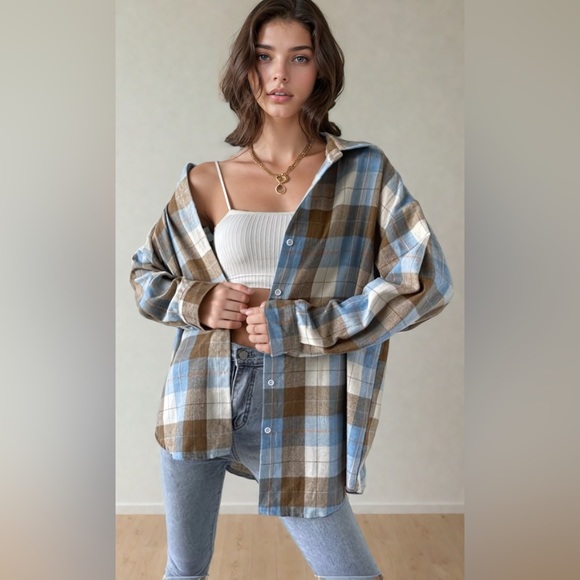Boyfriend Drop Shoulder Plaid Blouse - Picture 1 of 6